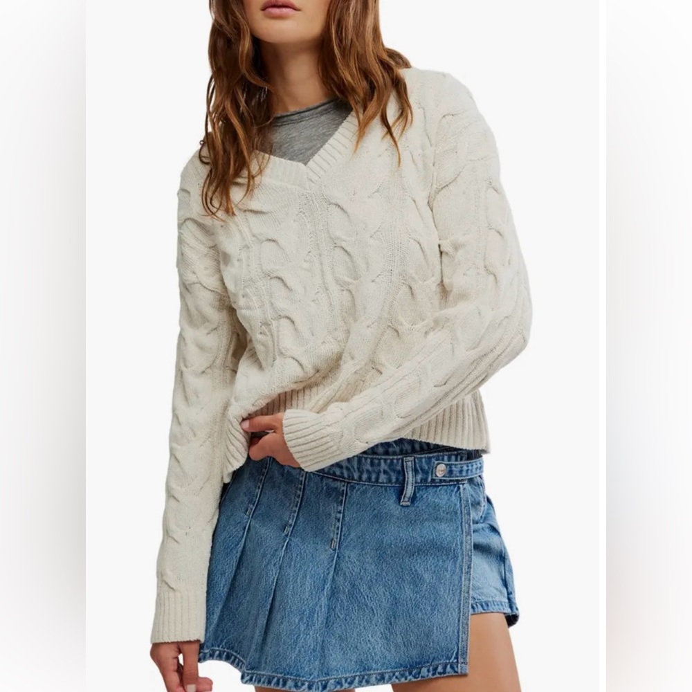 Free People Cream V-Neck Sweater Cable Knit